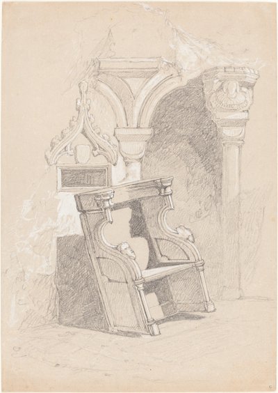 Skitse af ruineret kirkeinteriør med stol af John Sell Cotman