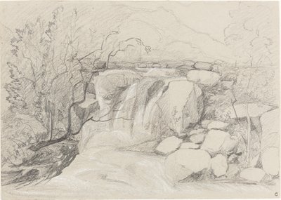 Vandfald med klipper af John Sell Cotman