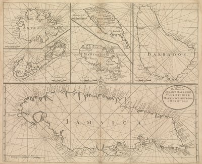 Kort over Jamaica, Barbados, St Christopher, Martinique, Antigua og Bermuda af John Seller