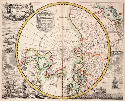 Polarprojektionskort med polarcirkel, ca. 1680 (koloreret stik) af John Seller