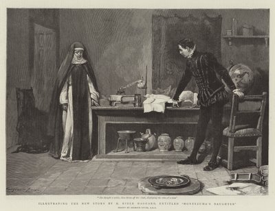 Illustrerer den nye historie af H Rider Haggard med titlen Montezumas datter af John Seymour Lucas