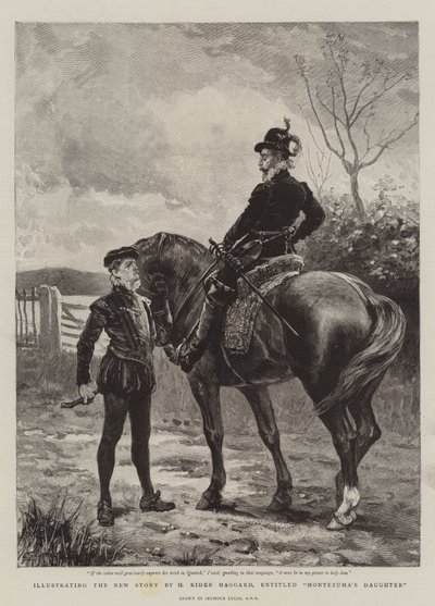 Illustration af den nye historie af H Rider Haggard med titlen Montezumas datter af John Seymour Lucas