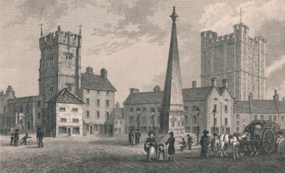 Market Place Richmond, Trinity Church og Keep of Richmond Castle, 1831 af John Shury