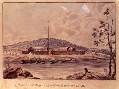 Ankomst og ophold i Rockfort, 1821 (wc på papir) af John Simpson