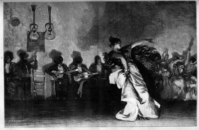 El Jaleo - Gypsy Dances. Guitarister og flamencodanser. Gravering efter maleriet af John Singer Sargent (1856-1925) i "" The Illustrous World"" nr. 1335 af 28. oktober af John Singer (after) Sargent