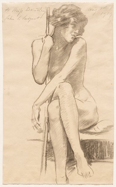 Siddende kvindelig nøgenmodel på en lav bænk af John Singer Sargent