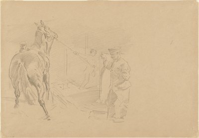 Mand trækker en hest ind i en bås af John Singer Sargent