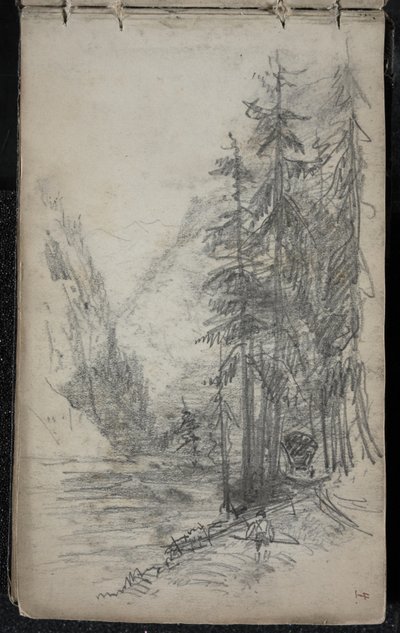 Bjerglandskab med træer, 1871-72 (grafit på mørklagt råhvidt vævet papir) af John Singer Sargent