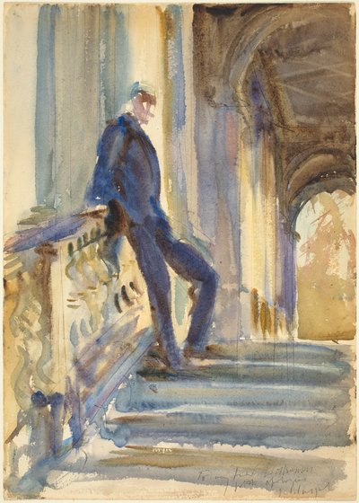 Sir Neville Wilkinson på trappen til Palladian Bridge ved Wilton House, 19041905. af John Singer Sargent