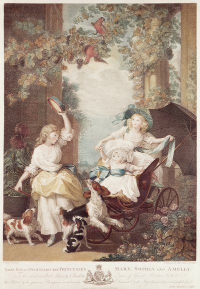 Prinsesserne Mary (1776-1857), Sophia (1777-1848) og Amelia (1783-1810), døtre af George III, graveret af Francesco Bartolozzi (1727-1815) (mezzotintestempling) af John Singleton Copley