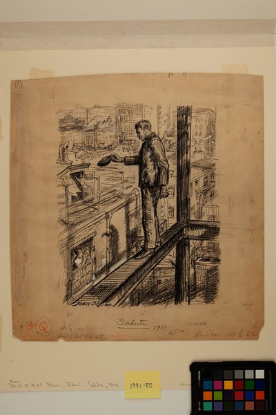 Salut, ca. 1911 (blæk, kul og zinkhvid maling på papir) af John French Sloan