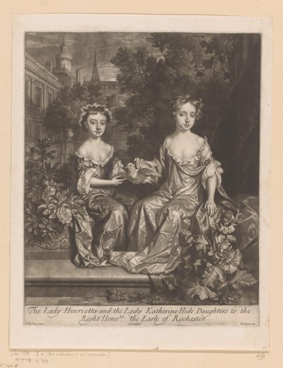 Portret van Henrietta og Katherine Hyde med en duif The Lady Henrietta and the Lady Katherine Hide Daughters to the / Right Honorable the Earle of Rochester (titel på objektet) af John Smith