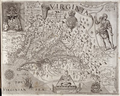 Kort over Virginia, opdaget og beskrevet af kaptajn John Smith, 1606, indgraveret af William Hole (fl. 1607-24), udgivet 1612 (se også 174212) af John Smith 2