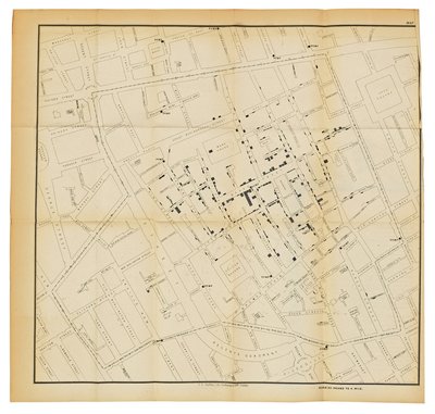 A map from "On the Mode of Communication of Cholera", 1855dani af John Snow