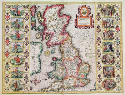 Storbritannien, som det blev besluttet i de engelske sakseres tid, især under deres heptarki (håndfarvet kobberstik) af John Speed