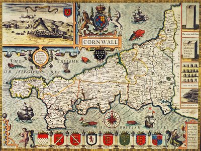 Kort over Cornwall fra "Theatre of the Empire of Great Britain", udgivet i London af George Humble, 1627-udgaven (håndkoloreret stik) af John Speed