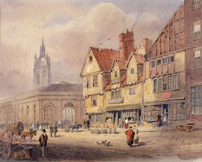 Gamle bygninger, Union Street og Corn Exchange før rådhuset blev bygget (farve på papir) af John Storey