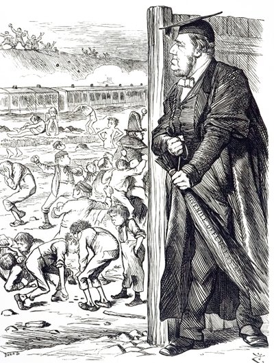 En tegneserie, der forestiller William Vernon Harcourt (1827-1904), som da indenrigsministeren anbefalede indførelsen af birken i stedet for tilbageholdelse for unge lovovertrædere. Illustreret af John Tenniel (1820-1914), en engelsk illustrator, grafisk h af John Tenniel