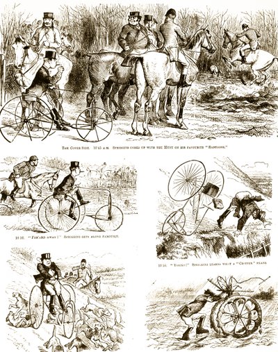 En tegneserie, der forestiller en mand, der jager på en trehjulet cykel. Illustreret af John Tenniel (1820-1914), en engelsk illustrator, grafisk humorist og politisk tegneserieskaber af John Tenniel