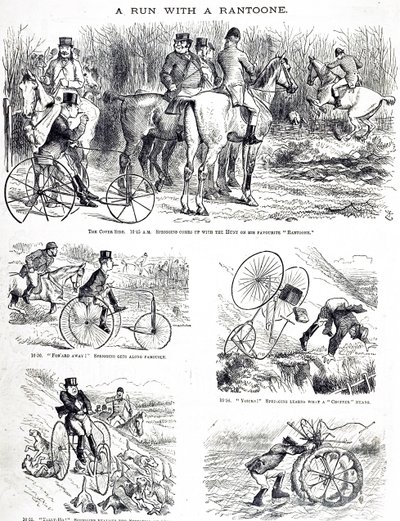 En tegneserie, der forestiller en mand, der jager på en trehjulet cykel. Illustreret af John Tenniel (1820-1914), en engelsk illustrator, grafisk humorist og politisk tegneserieskaber af John Tenniel