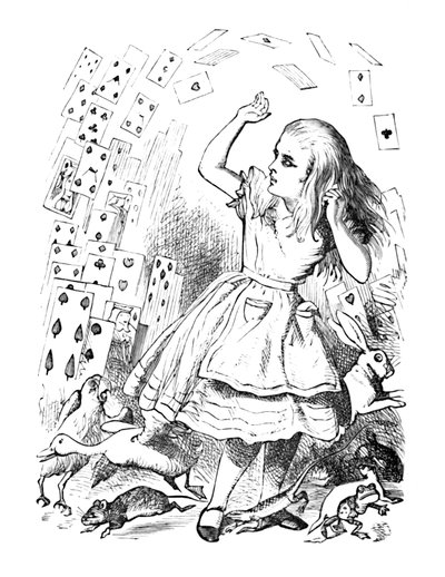 En pakke kort flyver op over Alice, 1889 af John Tenniel