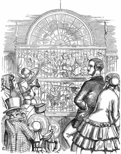 Albert, Prince Consort of Queen Victoria, viser Crystal Palace og den store udstilling i Hyde Park, London. John Tenniel tegnefilm fra Punch London 1851. Trægravering af John Tenniel