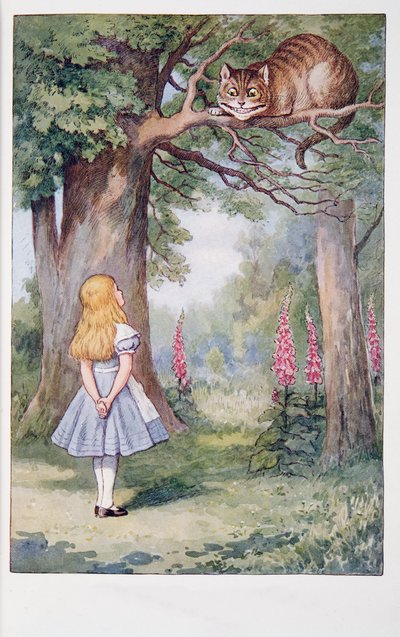 Alice and the Cheshire Cat, Alices Adventures in Wonderland And Through the Looking-glass And What Alice Found There, af Lewis Carroll (1832 - 98), udgivet 1911 (farvet litografi) af John Tenniel