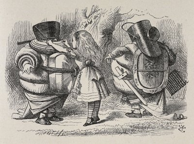 Alice klæder Tweedledee og Tweedledum på. af John Tenniel