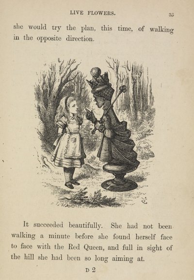 Alice står over for den røde dronning. af John Tenniel