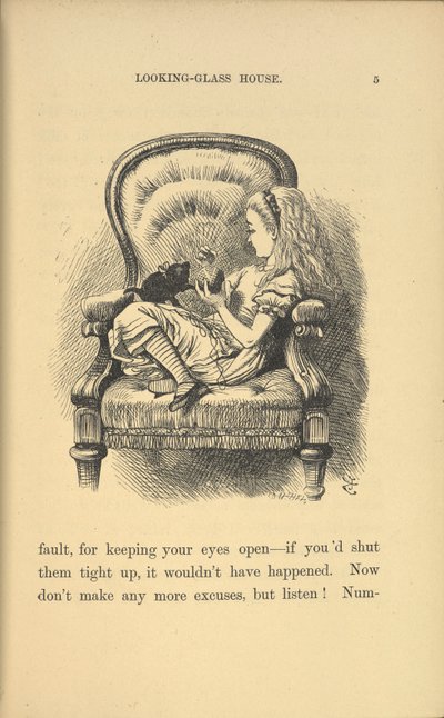 Alice sidder i en stol og leger med en killing. af John Tenniel