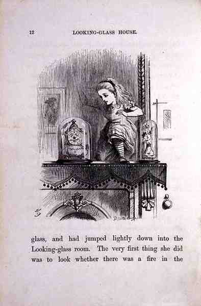 Alice i spejlglasset, illustration fra "Gennem spejlglasset" af Lewis Carroll (1833-98) af John Tenniel