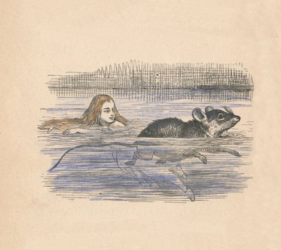 Alice svømmer med en mus i en pool, 1889 af John Tenniel