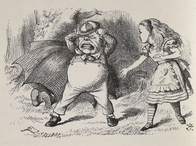 Alice med Angry Tweedledum og gemmer Tweedledee. af John Tenniel