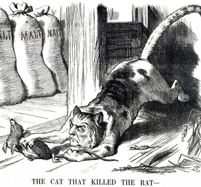 Tegneserie, der kommenterer afskaffelsen af maltafgift i 1880 af John Tenniel