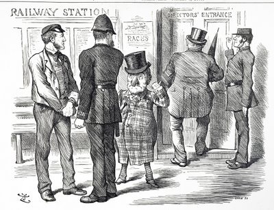 Tegneserie, der kommenterer opfordringerne om, at et bloksystemsignal skal gøres obligatorisk på British Railways af John Tenniel