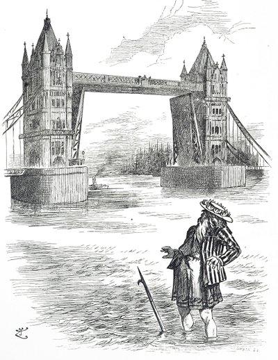 Tegneserie, der viser Fader Thames, der beundrer Tower Bridge, London af John Tenniel