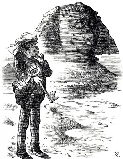 Tegneserie, der viser premierminister Benjamin Disraeli, der holder Suez-kanalen som nøglen til briternes besiddelse og indflydelse i Indien af John Tenniel