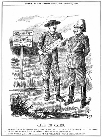 Cecil John Rhodes (1852-1902) engelskfødt sydafrikansk statsmand, der bad den tyske kejser om tilladelse til at føre en telegraflinje gennem det tyske Østafrika. Cape To Cairo, tegneserie af John Tenniel fra 