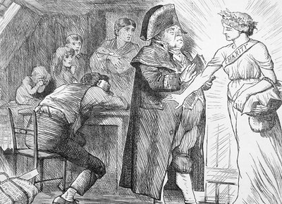 Velgørenhed fejer hr. Brumbles protester til side i hendes vilje til at hjælpe fattige familier i nød af John Tenniel