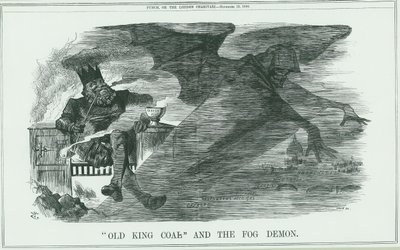 Virkningerne af at brænde Old King Coal på London. Tågen forårsagede astma, bronkitis, lungebetændelse, lungebetændelse osv. John Tenniel tegnefilm fra Punch, London af John Tenniel