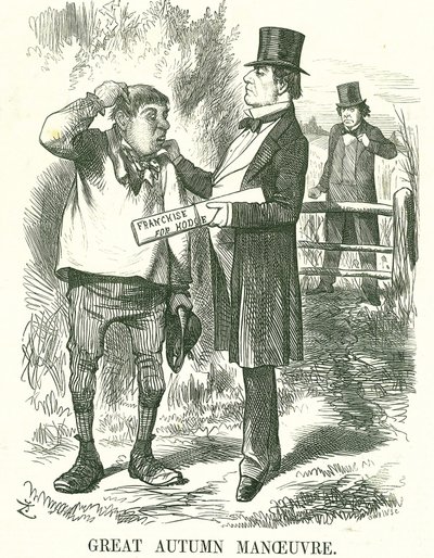 Stor efterårsmanøvre: Gladstone mente, at afstemningen i sidste ende måtte gives til landbrugsarbejdere (Hodge). På dette tidspunkt var hans premierskab rystet, og Disraeli venter på at tage hans plads. John Tenniel tegnefilm fra Punch, London, 9. august 1 af John Tenniel