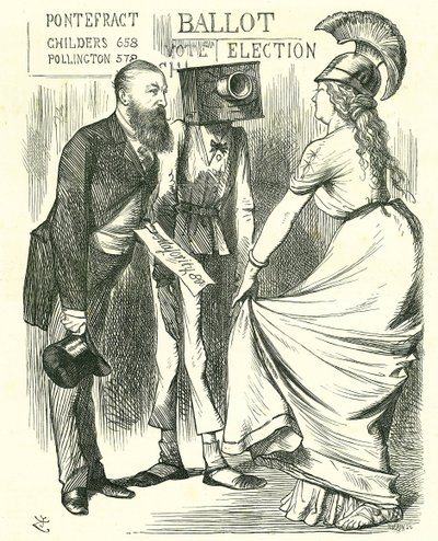 Hugh Childers (1827-1896) britisk parlamentariker, der fortæller Britannia om succesen med den nye stemmeurn. John Tenniel tegnefilm fra 