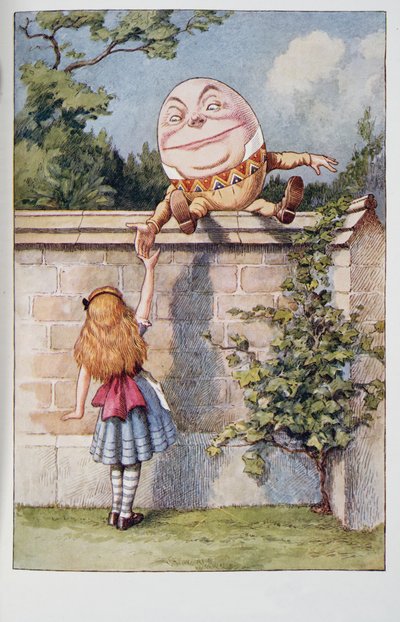 Humpty Dumpty, fra Alices Adventures In Wonderland And Through The Looking-glass And What Alice Found There, af Lewis Carroll (1832 - 98), udgivet 1911 (farvet litografi) af John Tenniel