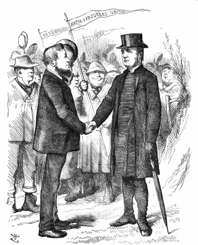 Joseph Arch (1826-1919) engelsk fagforeningsmand, politiker og landbrugsarbejder. Grundlægger af National Union of Farm Labourers. Arch hilser biskoppen af Manchester, der støttede Unionen i et brev til The Times. John Tenniel tegnefilm fra Punch London af John Tenniel
