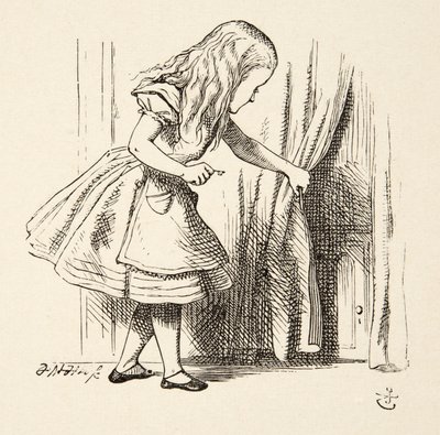 Looking behind the Curtain, fra Alices Adventures in Wonderland af Lewis Carroll (1832 - 98), pub. 1891 af John Tenniel