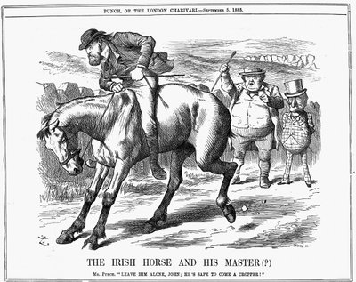 Mr. Punch beder John Bull om at ignorere Charles Stewart Parnell (1846-1891), irsk politiker, da han helt sikkert kommer som en cropper ridende på den irske hest. John Tenniel tegnefilm fra Punch London 5. september 1885. Indgravering af John Tenniel