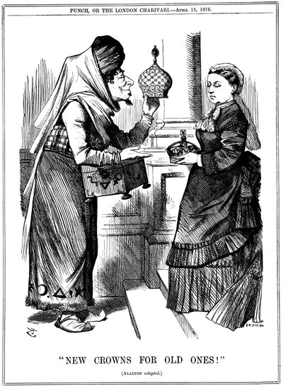 Nye kroner til gamle!, Benjamin Disraeli tilbyder Indiens krone til dronning Victoria, 1876 af John Tenniel