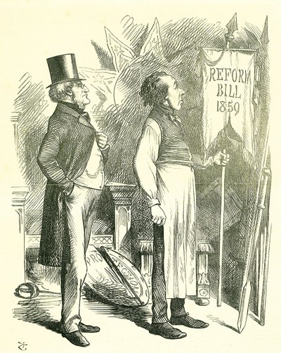 Politisk økonomi: Reform af parlamentet - forlængelse af franchisen. Disraeli (kansler) og Derby (premierminister) støver reformforslaget af. I 1867 fremlagde Disraeli et nyt lovforslag. John Tenniel tegnefilm fra Punch, London af John Tenniel