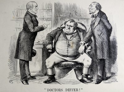 Politisk satire skildrer William Ewart Gladstone, Benjamin Disraeli og John Bull af John Tenniel