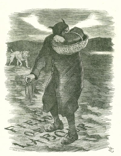 Såning af ukrudt: Frygt for, at socialismen bredte sig blandt den britiske arbejdsstyrke. John Tenniel tegnefilm fra Punch, London, 27. februar 1886. af John Tenniel